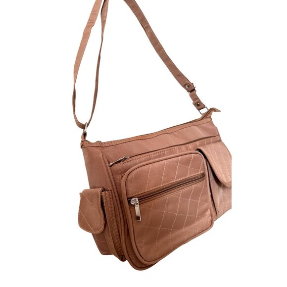Light Brown Quilted Pocket Shoulder Bag With Adjustable Strap & Zip Closures - Picture 3 of 10